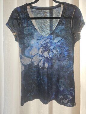 Express Blue Floral Rhinestone Burnout V-Neck Graphic Tee Small
